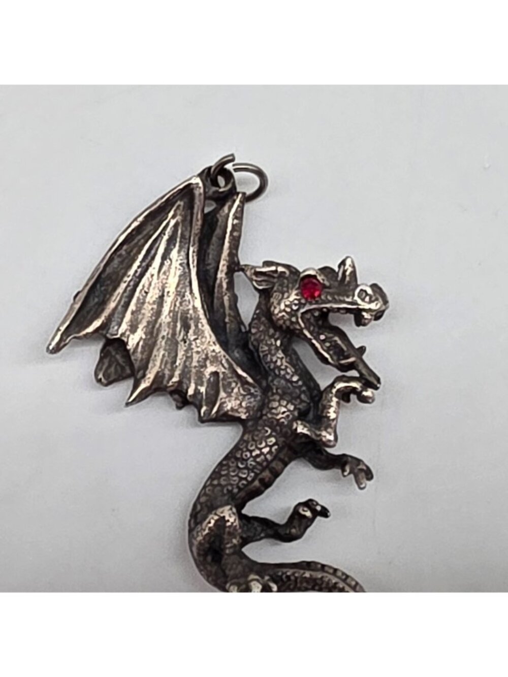 Pewter Dragon Pendant With Red Gemstone Eyes Gothic Fantasy Jewelry 3" - Picture 2 of 6